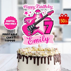 personalized girl Rockstar cake topper, printable rock star Cake Topper, pink guitar cake topper, pink rock star cake decoration, digital