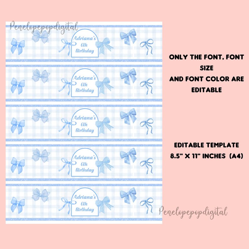 May include: A digital template with a light blue gingham pattern and blue bows. The text reads "Adriana's 6th Birthday." The template is editable, with the font, size, and color customizable. The template size is 8.5" x 11" (A4).