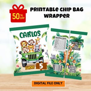 Safari Birthday Chip Bag Label Boy First 1st Birthday Party Decor Wild One Zoo Jungle Animals Green Gold Snack Treats Bag Printable