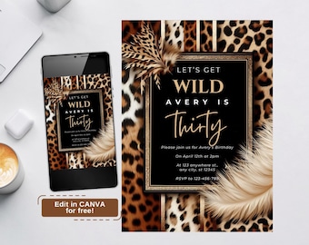Leopard Invitation, Editable lets get wild Party Invitation, Digital animal print Invitation, Leopard Print Invitation, Dance Birthday