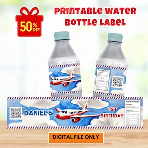 Airplane Birthday Water Labels, Airplane Water Stickers, Airplane Party Stickers, Boy Birthday, First Birthday Printable PDF File, Editable