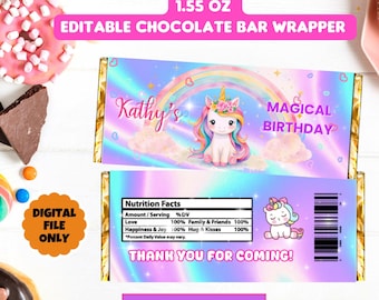 Può includere: Confezione di barretta di cioccolato con un design a unicorno. La confezione presenta un arcobaleno, nuvole e la scritta "Magical Birthday". Include anche la scritta "Kathy's" e "Thank you for coming!" La confezione è di 43,94 grammi.