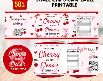 Etiqueta editable para lata de papas fritas pequeñas con lazo rosa cereza, etiqueta bonita y coqueta para refrigerio de cumpleaños, regalo de fiesta digital, etiqueta Cherry On Top Birthday