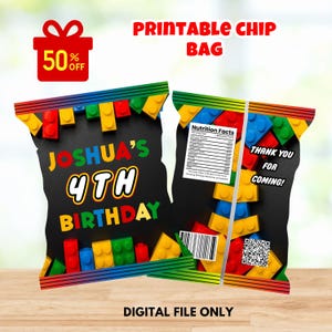 May include: A black printable chip bag design with colorful building blocks and the text "JOSHUA'S 4TH BIRTHDAY". The bag also includes the text "THANK YOU FOR COMING!" and "DIGITAL FILE ONLY".