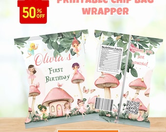 Sacchetti di patatine per feste di compleanno a tema fata modificabili, fantasiosi, incantati, magici, floreali, fata, principessa, bomboniere, download immediato