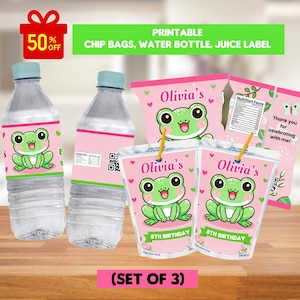 editable bundle frog party template, chip bags, juice label, water bottle, printable frog party labels template, digital dwonload