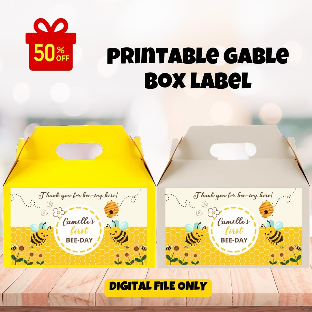 EDITABLE Bee Favor Gable Gift Box Label, First Bee Day Gable Label, Bee ...