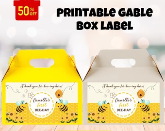 EDITABLE Bee Favor Gable Gift Box Label, First Bee Day Gable Label, Bee Birthday Party Favor, Honey Bee Birthday Decor Instant Download