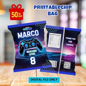 May include: Printable chip bag with a blue and black gamer theme. The bag features a video game controller, the text "Marco", "Reached Level 8", and a QR code.
