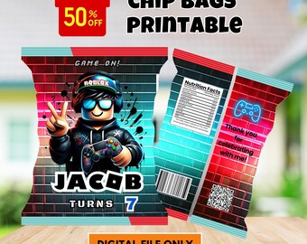 Editable Chip Bag Printable Template Customizable DIY Chip bags Boy Gamer Birthday Instant Download Digital File Only