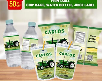 Editable green Tractor Birthday party Bundle, chip bag, water bottle label, juice pouch, Farm Boy Birthday package, 1st Birthday Party Kit