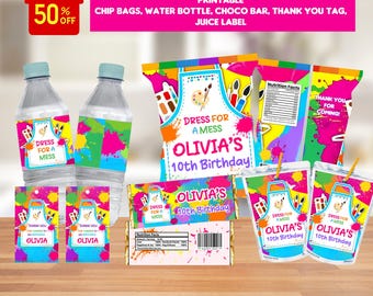Editable Bundle Art Paint party bundle printable, chip bag, water bottle label, juice pouch, chocolate wrapper, thank you tag, paint party