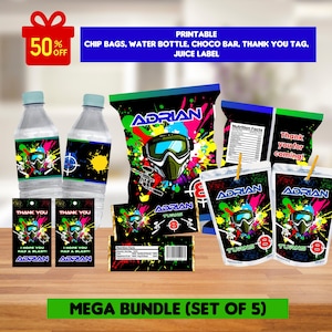 May include: A set of five printable party supplies featuring a paintball theme. The set includes a chip bag, water bottle label, juice box label, and two thank you tags. The design features a black background with colorful paint splatters, a paintball mask, and the name "Adrian" in a bold font.