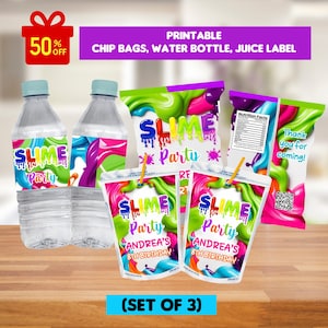 Puede incluir: Suministros de fiesta imprimibles para una fiesta con temática de slime. Incluye dos etiquetas para botellas de agua, dos etiquetas para bolsas de jugo y una etiqueta para bolsa de papas fritas. Las etiquetas presentan un diseño de slime colorido con el texto "Slime Party" y "Andrea's 8th Birthday".