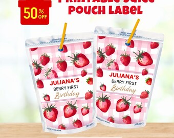 May include: Printable juice pouch label with a pink and white gingham background and a strawberry pattern. The label says "Juliana's Berry First Birthday".