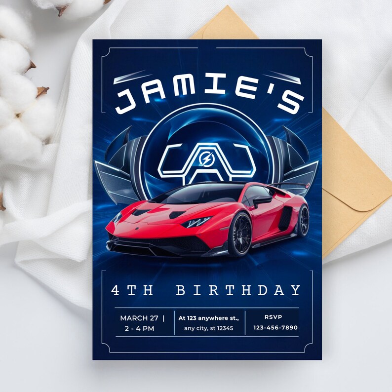 Red Race Car Birthday Party Invitation, Kids Speed Racing, Race Car ...