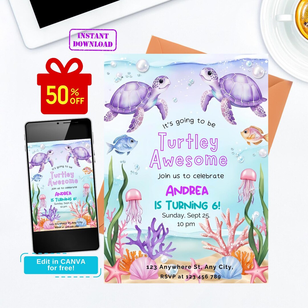 Sea Turtle Birthday Invitation, Under the Sea Party Template, Nautical ...