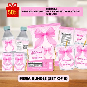 May include: A pink printable mega bundle set of 5 items for a 1st birthday. The set includes chip bags, water bottle labels, a chocolate bar, thank you tags, and juice labels. Each item features a pink bow and the text "Adriana's 1st Birthday".
