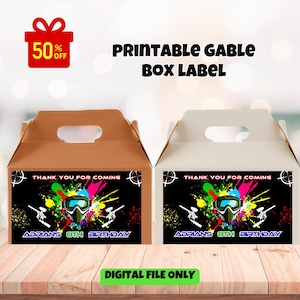 May include: Printable gable box label featuring a paintball theme. The label has a black background with colorful paint splatters, a paintball mask, and two paintball guns. The text "Thank you for coming" and "Adrian's 8th Birthday" is printed on the label.