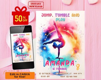 invitación de cumpleaños de gimnasia, invitación a una fiesta de gimnasia, invitación de gimnasia, invitación de cumpleaños de gimnasia, plantilla digital
