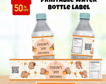 Editable Capybara Birthday Water Bottle Label: Canva Template (Digital Download)