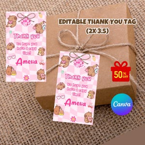 Editable Capybara thank you tag template, printable capybara favor tag label, capybara birthday party favor tag , Canva Digital download