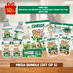 Safari Party Bundle Printable Template Wild one birthday full Package Pack, chip bag, water label, juice label, chocolate, favor tag