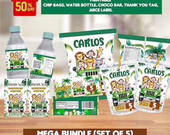 May include: Printable party supplies for a jungle-themed birthday party. The set includes a chip bag, water bottle label, juice box, thank you tag, and a chocolate bar wrapper. The design features a green jeep with a group of jungle animals, including a lion, monkey, elephant, and zebra. The text "CARLOS TURNS 5" is featured on the design.
