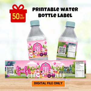 Editable Farm Water Bottle Label, Farm Label, Barnyard Water Bottle Label, Barnyard bottle Label, Farm animals Water Bottle Labels, pink