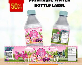 Editable Farm Water Bottle Label, Farm Label, Barnyard Water Bottle Label, Barnyard bottle Label, Farm animals Water Bottle Labels, pink