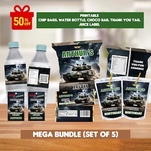 Editable military birthday bundle, army birthday pack, party bundle, chips and juice bag, water bottle labels, chocolate, thank you tag