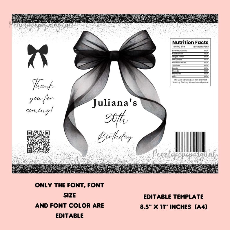 Printable Black Bow Chip Bag Wrapper Labels Coquette Black Ribbon ...