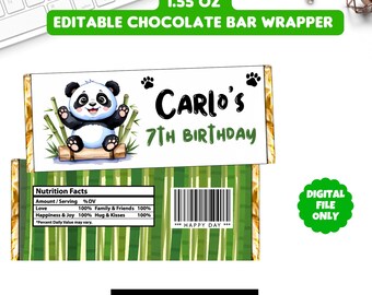 May include: An editable chocolate bar wrapper with a panda bear illustration. The wrapper is green and gold with the text "Carlo's 7th Birthday". The wrapper is 1.55 oz.