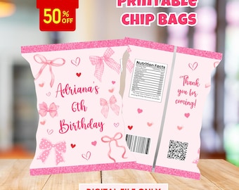May include: Printable chip bags with a pink and white design featuring bows, hearts, and the text "Adriana's 6th Birthday".