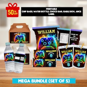 Gamer Birthday Bundle, Editable video game Birthday Set, chip bag, juice pouch, water bottle, chocolate wrapper, gable box label, party