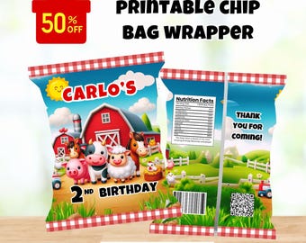 May include: Printable chip bag wrapper with a farm theme. The front of the bag features a red barn, a sun, and farm animals. The back of the bag has a nutrition facts label and a thank you message. The bag is personalized with the name "CARLO'S" and the text "2ND BIRTHDAY".