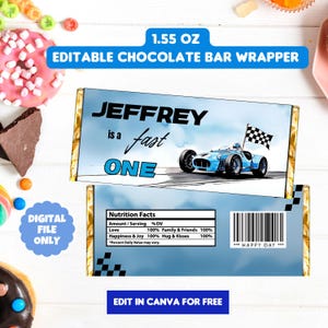 Editable blue Race Car Chocolate Bar Labels Candy Wrapper Racing Birthday Boy  Party Race Car Digital Download Template Printable