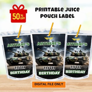 Editable Army Birthday Juice Pouch Label, War Video Game Juice Pouch Label, Military Army Birthday Theme, Airsoft Party Favor, Printable