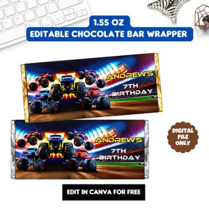 Editable Monster Truck Birthday Chocolate Bar Wrapper , printable Monster Truck Party Favor chocolate wrapper, Digital Download