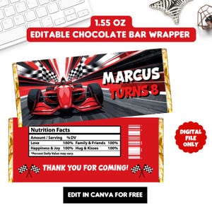 Peut inclure: Emballage de barre chocolatée rouge et noir avec un design de voiture de course. Le texte "MARCUS TURNS 8" et "THANK YOU FOR COMING!" est inclus. L'emballage est étiqueté 44 grammes.