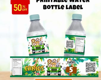 Safari Geburtstagsetikett Wasserflasche Junge Erster 1.Geburtstag Party Dekoration Wild One Drink Label Dschungel Zoo Tiere Printable Aufkleber