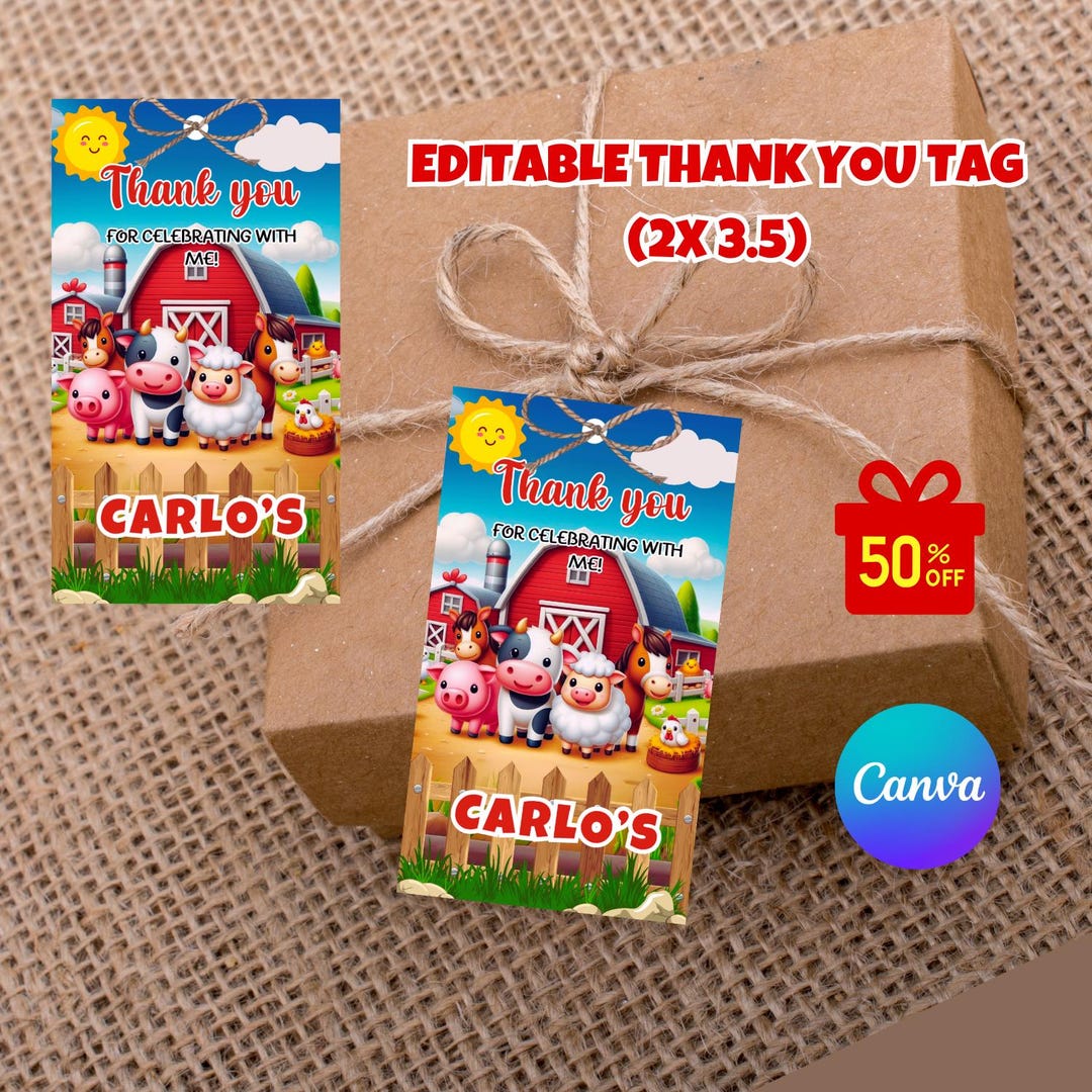 Editable Farm Favor Tags, Thank You Tags, Gift Tags, Farm Animals Party ...