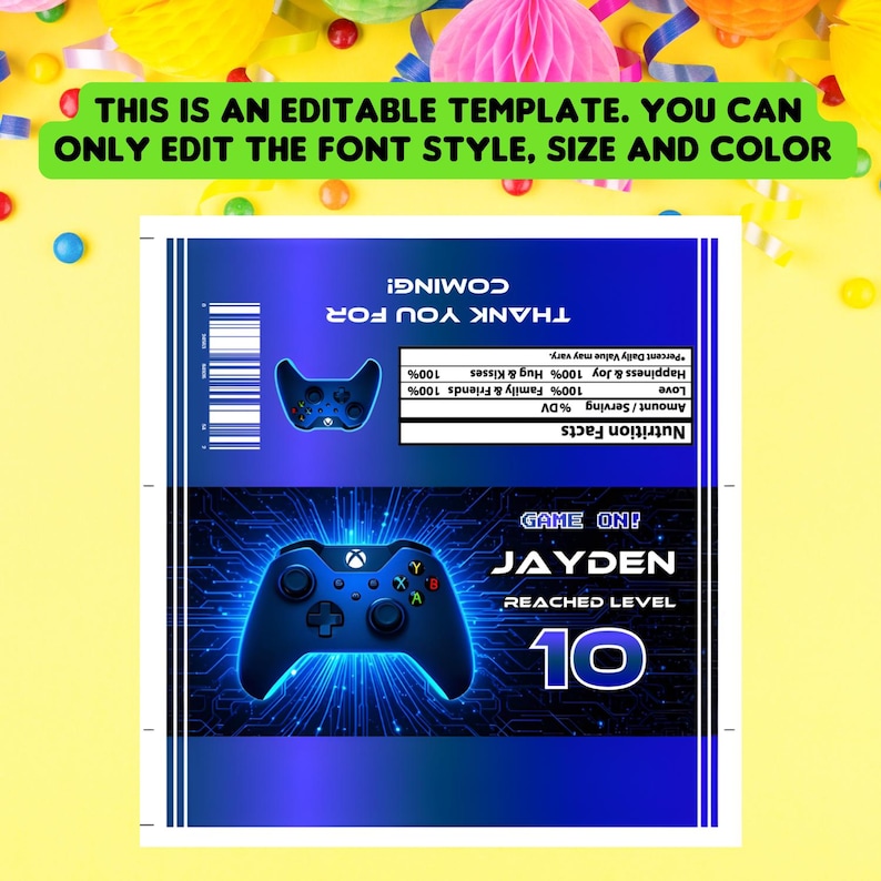 Editable Gamer Chocolate Bar Wrapper, Gamer Party Favor Chocolate ...