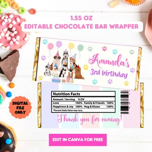 Puede incluir: Envoltorio de barra de chocolate con temática de perros. El diseño incluye ilustraciones de varias razas de perros, globos y el texto "Amanda's 3rd birthday". También incluye el texto "Thank you for coming!" y "Edit in Canva for Free."