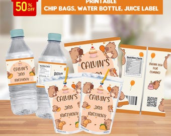 Editable capybara birthday bundle, capybara birthday pack, party bundle, chips and juice bag, water bottle labels, digital download