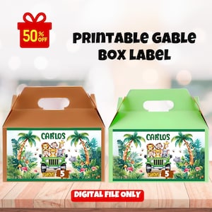 Etiquetas para caixa de empena Safari Jungle Wild One Etiquetas para caixa de presente Safari Jungle Animals Gable Box Favores Adesivo Editável para impressão Download