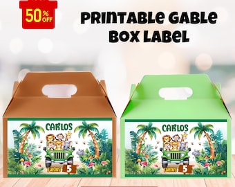 Safari Gable Box Labels Jungle Wild One Geschenkdoos Labels Safari Jungle Animals Gable Box Gunsten Sticker Bewerkbare Afdrukbare Download