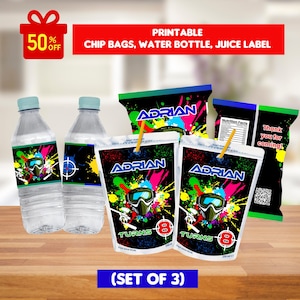 May include: Printable party supplies for a paintball themed birthday party. The set includes two water bottle labels, two juice box labels, and a chip bag label. The labels feature a black background with colorful paint splatters, a paintball mask, and the name "Adrian" and "Turns 8".