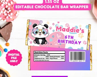 May include: Editable chocolate bar wrapper featuring a panda wearing sunglasses with a pink, blue, and white paw print background. The text "Maddie's 6th Birthday" is in a pink and blue font. The wrapper also includes a nutrition facts label with a barcode and the text "Happy Day".