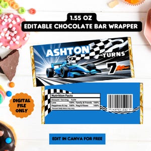Editable Blue Race Car Chocolate Bar Labels Candy Wrapper Racing Birthday Boy  Party Race Car Digital Download Template Printable